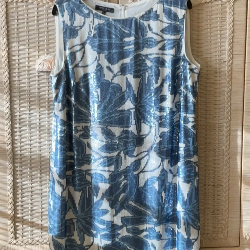 Lafayette 148 New York XS Blue Sequin Noah Dress Floral NWOT - Picture 15 of 16